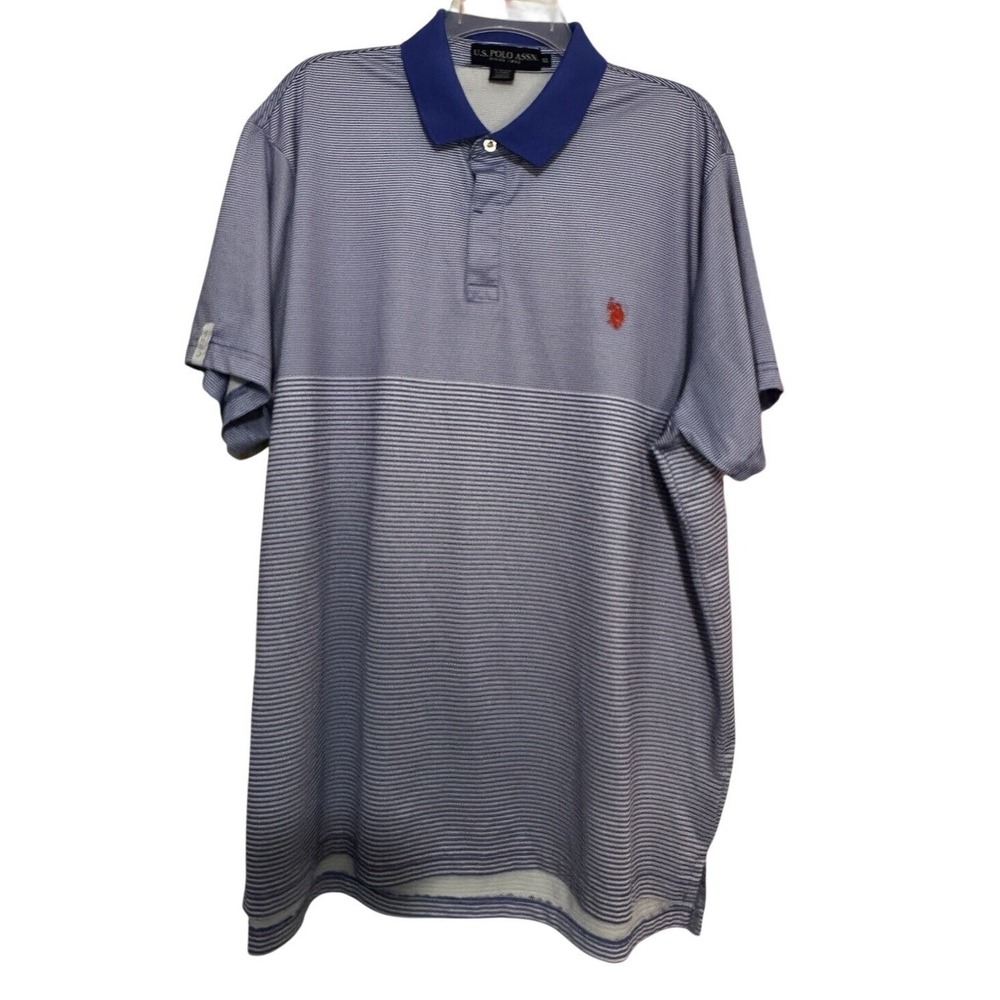 US Polo Assn Mens XL Striped Performance Polo Shirt Blue White Short Sleeve